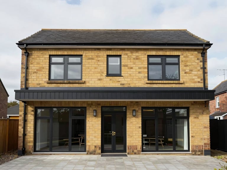 Straight-on architectural elevation of a completed double-storey house extension in Rochdale, featuring flawless brickwork and large glass doors, overcast daylight.