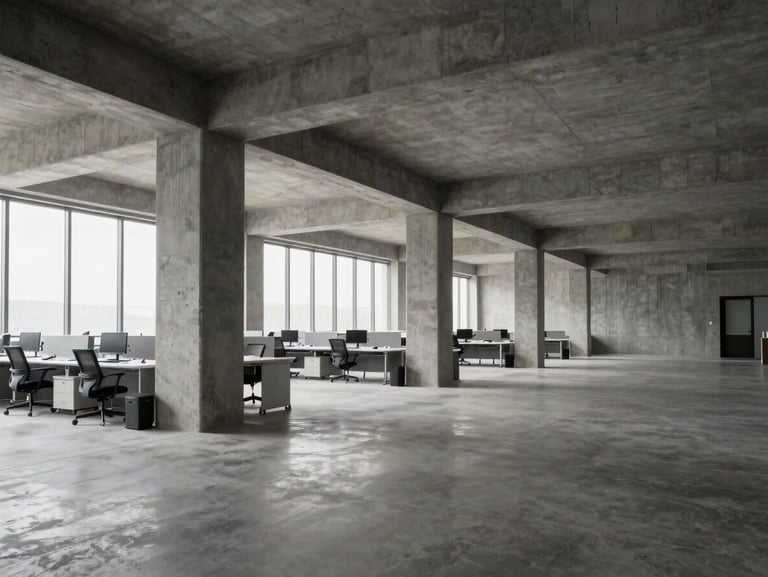 Wide environmental shot of a modern, structured workspace with architectural concrete pillars, clean lines, and natural side-lighting, empty of people to emphasize spatial order.