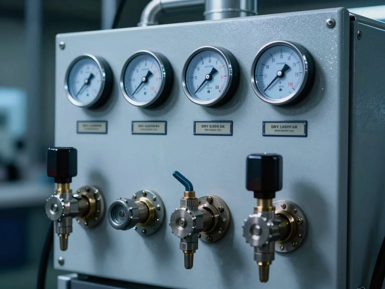 Close-up of a professional dry ice blasting rig control panel with pressure gauges and steel valves, cold blue high-contrast industrial lighting, engineered precision.