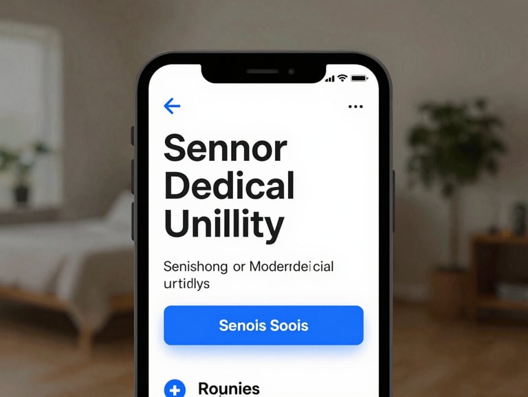 Front-on mockup of a high-contrast senior medical utility app showing large text and clear warning states, soft blue accents.
