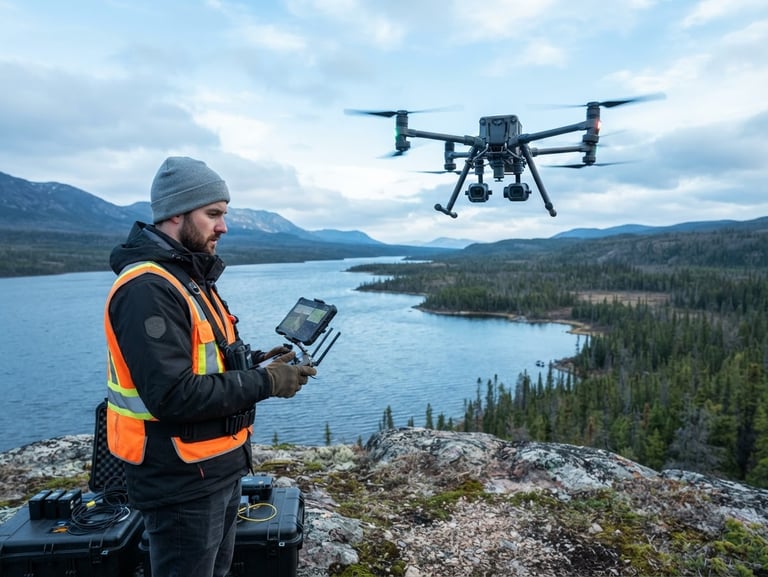 A professional drone pilot in a high-vis vest operating a commercial RPAS unit during a bright overcast day in a vast Canadian landscape, cool blue tones, crisp technical detail