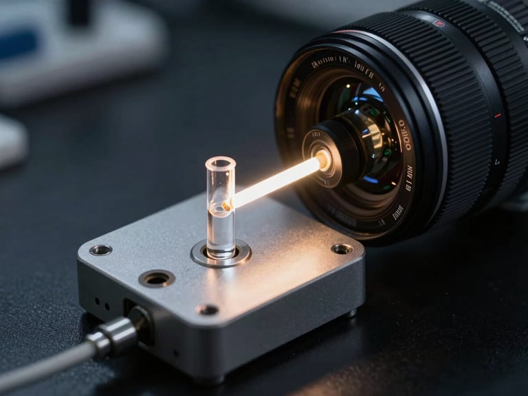 A compact electronic prototype device on a laboratory bench, a small quartz cuvette illuminated by a narrow ultraviolet light path, sharp focus, dark background
