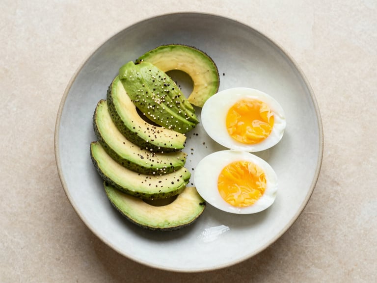 Overhead flat lay of a simple healthy bowl with fresh avocado, eggs, and seeds on a rustic ceramic plate, soft morning daylight
