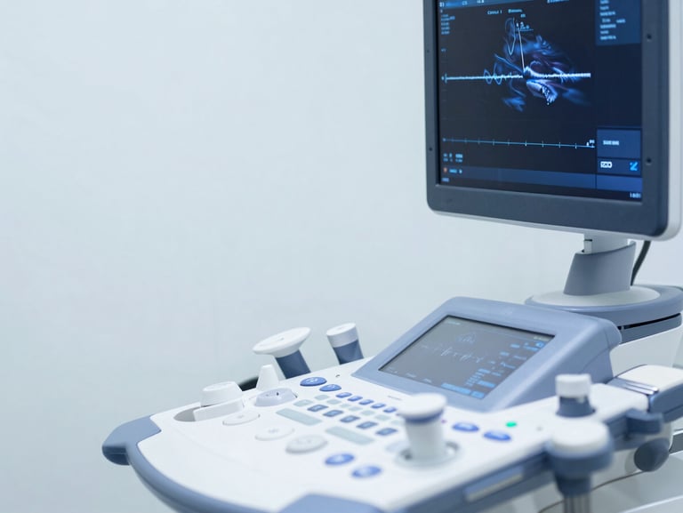 Modern clinical ultrasound machine displaying vascular blood flow in soft blue tones, clean medical setting.