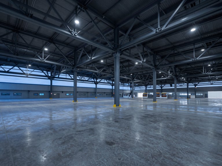Wide-angle architectural shot of a massive industrial logistics center with exposed steel trusses and polished concrete floors, blue hour lighting