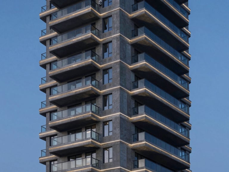 High-end vertical residential tower with concrete cantilever balconies and geometric architectural lines, twilight lighting