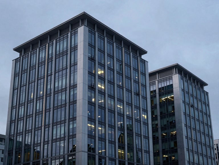 Modern corporate headquarters with a high-contrast glass facade and structural steel elements, sharp overcast daylight