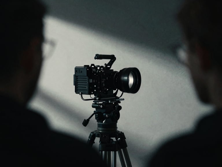Atmospheric behind-the-scenes film set moment in Berlin, high contrast shadows, low-key lighting, desaturated cool tones, anamorphic lens, 35mm grain