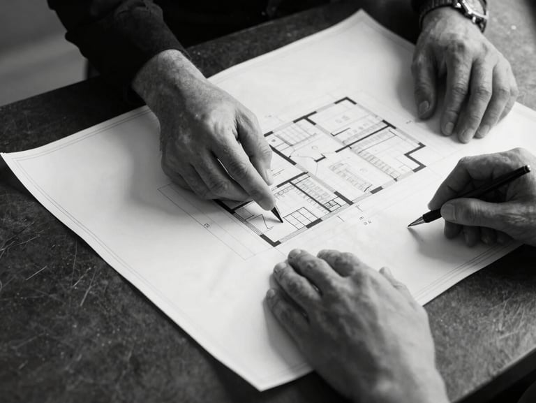 Monochrome close-up of executive hands reviewing physical architectural blueprints on a dark slate table, sharp side-lighting, high contrast