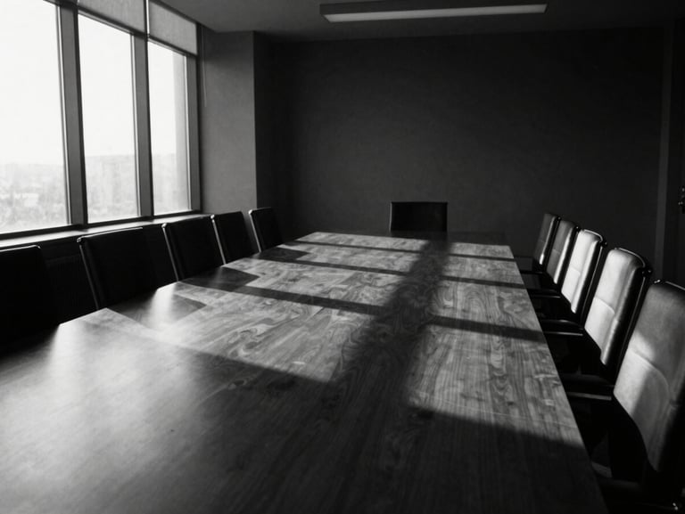 Monochrome wide shot of an empty, high-end board room with a long dark table reflecting sharp geometric window light, deep shadows