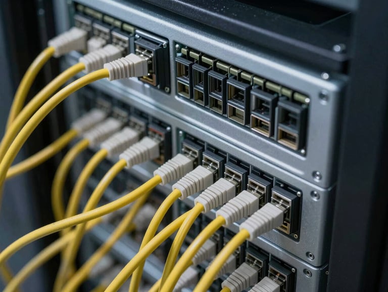 Close-up overhead view of a structured network patch panel with neatly labeled cables in a server rack, cool studio lighting revealing precise cable management detail, shallow depth of field, no people