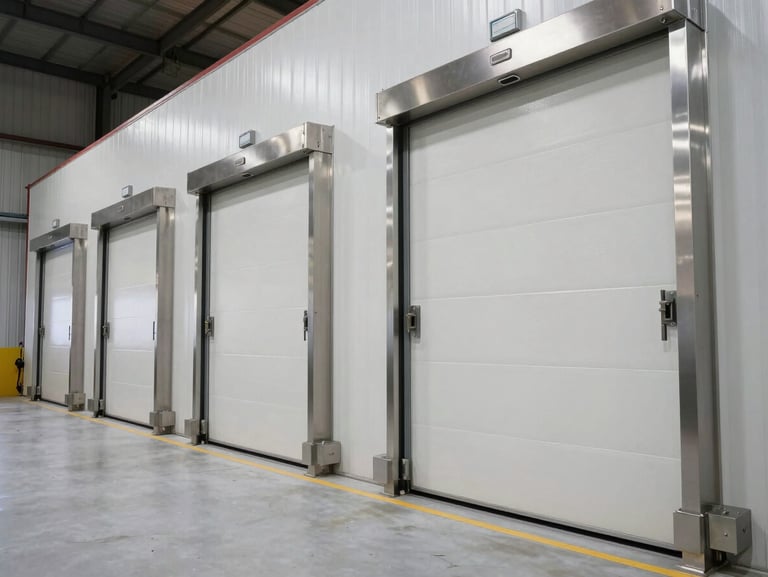 Wide-angle shot of a massive industrial cold storage chamber with heavy insulated doors and stainless steel fittings, clean and precise.