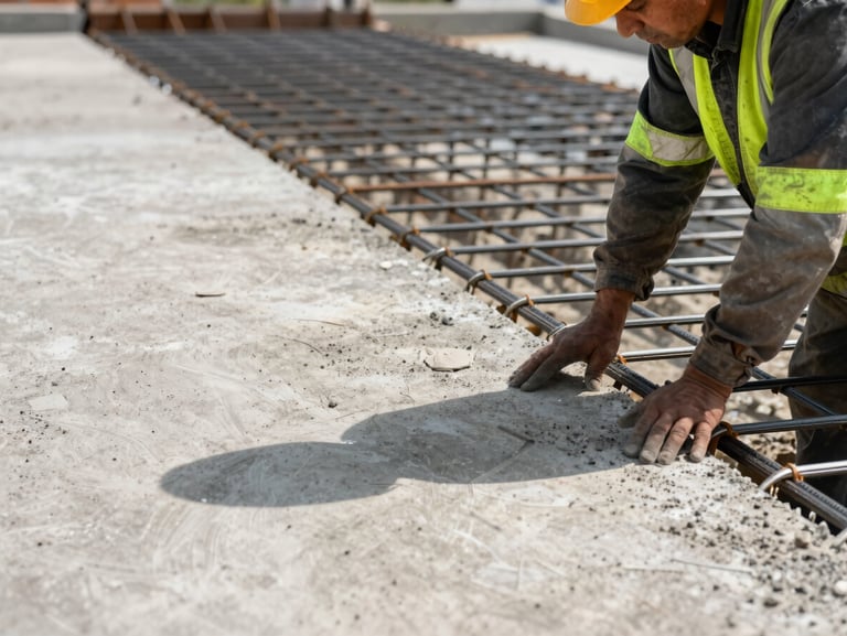 Close-up of high-resistance concrete pavement installation with steel reinforcement mesh visible, worker in high-visibility gear inspecting, hard daylight.