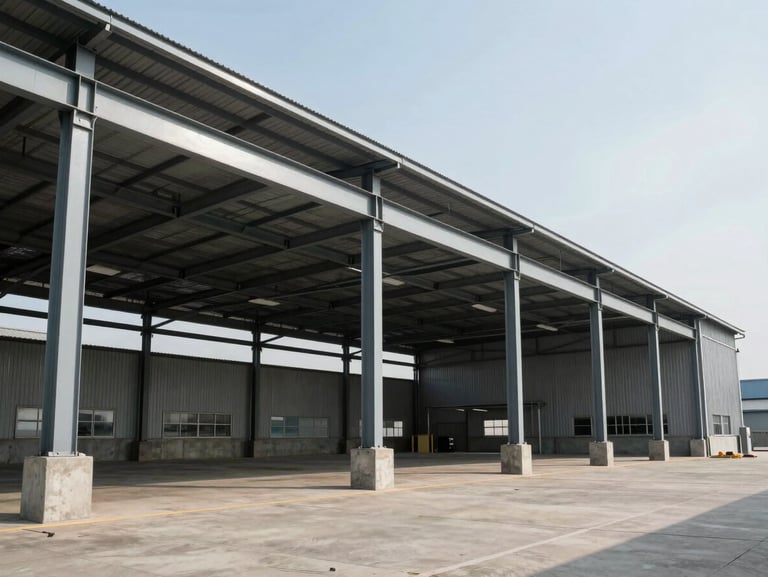 Modern industrial warehouse exterior with concrete foundations and structural steel framing under bright daylight, general view.