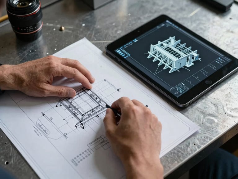 High-contrast shot of hands overlaying technical blueprints on a steel workbench, digital tablet showing a 3D structural model next to them, crisp lighting.