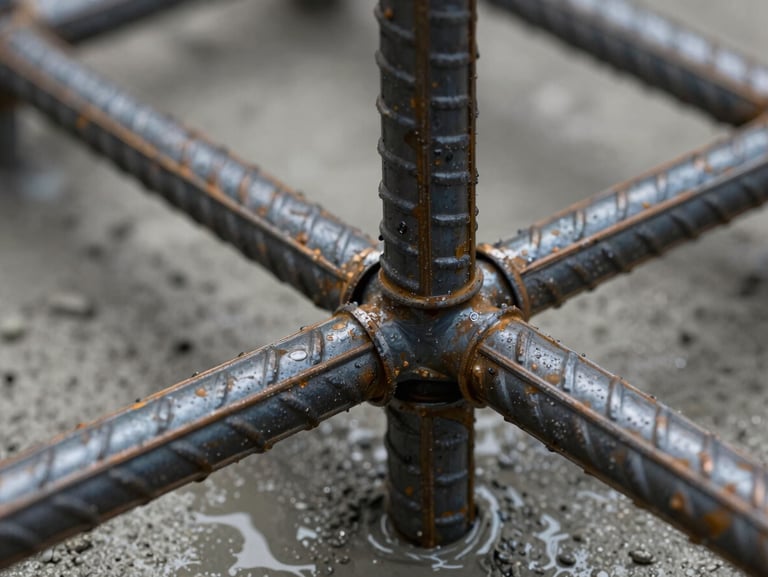 Macro close-up of heavy structural steel rebar joints bound together, wet concrete poured in background, dramatic industrial lighting, crisp focus.