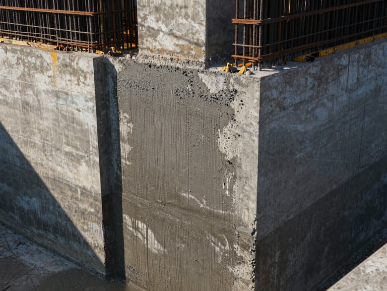 Close-up of a massive wet concrete pour on a heavy structural foundation, high-contrast morning light highlighting the texture of the concrete and steel rebars.