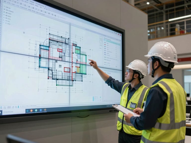 Wide environmental shot of a modern construction command center, engineers in white helmets and high-visibility vests analyzing structural blueprints on a large screen.