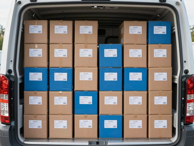 Structured top-down view of neatly labeled and color-coded inventory boxes arranged precisely inside a clean transport vehicle, bright daylight.