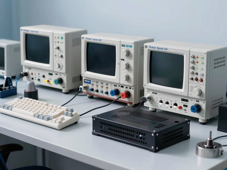 A neat, organized technical workbench in Dubai Sports City with high-end digital oscilloscopes, soldering stations, and a clean TV chassis under bright cool light.