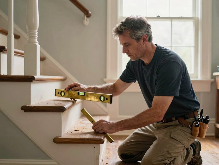 A master joiner kneeling to inspect a creaking Victorian staircase tread, holding a brass level, directional natural light from a hallway window.