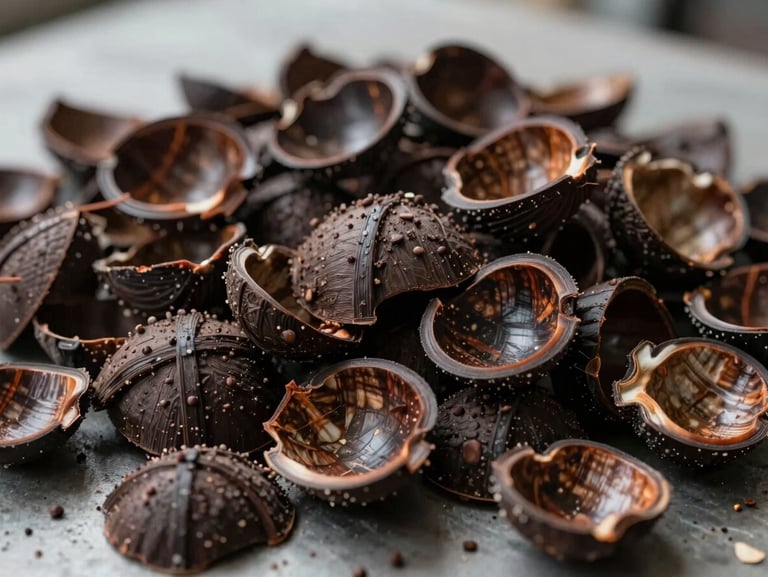Extreme close-up of palm shell biomass pieces — cangkang sawit — showing uniform dark-brown texture and fragment geometry on a flat industrial surface under diffused overcast light