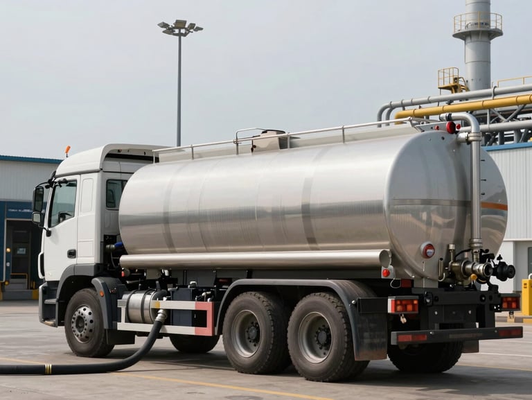 Medium shot of a biodiesel tanker truck at an industrial loading bay, hose connections visible in the foreground, overcast north-facing industrial light, facility infrastructure in background