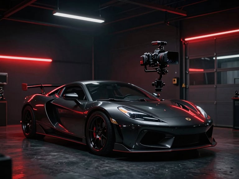 A camera mounted on a professional gimbal filming a modified sports car inside a dark, atmospheric garage, red neon accents, cinematic 35mm