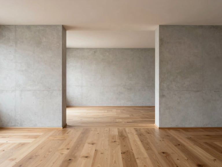 Minimalist apartment interior with warm oak floors and concrete walls, soft natural light, 35mm lens