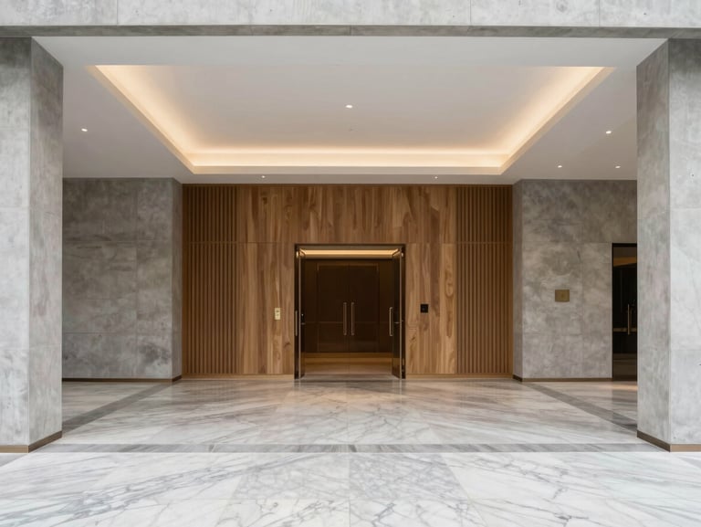 Elegant building entrance hall with marble floors and clean geometric lines, soft zenithal lighting, 35mm lens