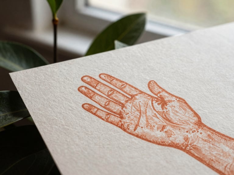 Close-up of a terracotta-toned hand-drawn brand identity printed on raw textured paper, surrounded by botanical leaves under soft window light, shallow depth of field, 35mm film style.