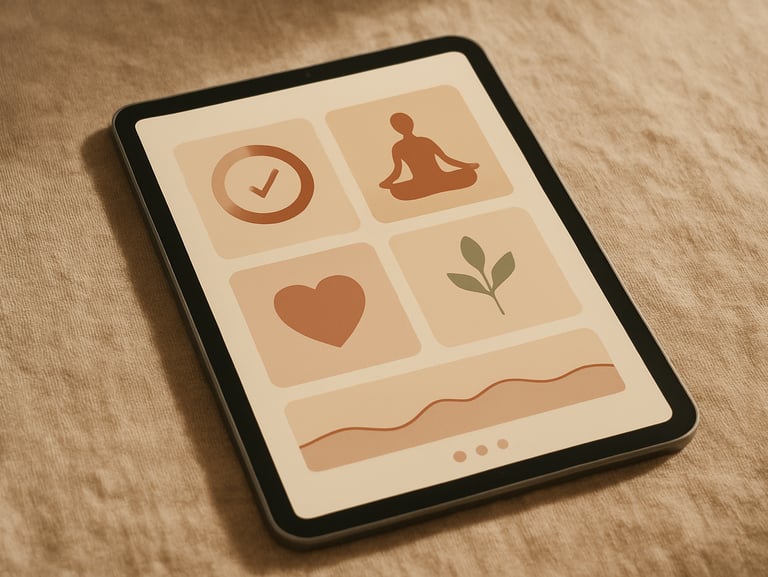 Clean digital UI mockup of a mobile wellness app on a physical tablet, resting on a textured linen surface, soft shadow, warm editorial lighting, shallow depth of field.