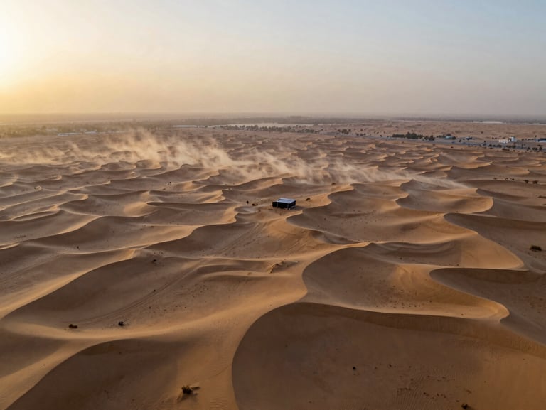 Wide aerial drone photography of raw desert land plot on the outskirts of Riyadh, golden hour horizon, soft dust haze