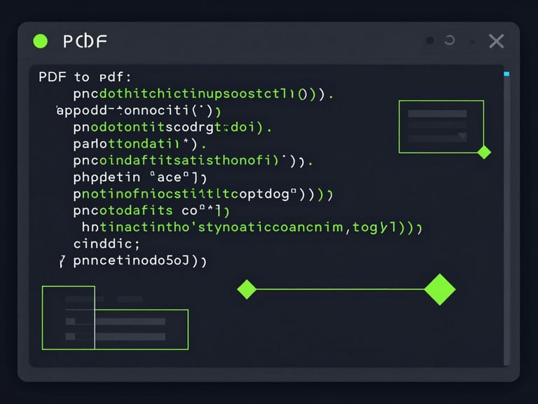 Crisp technical vector illustration of a dark mode terminal interface showing command line text-to-PDF execution, neon green accents, clean geometric schematics.