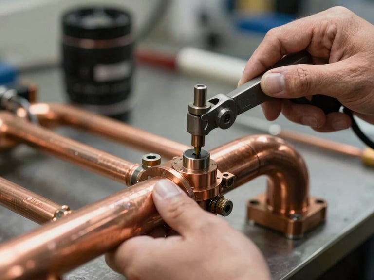 Close-up of a technician's hands installing a high-grade copper manifold with professional press tools