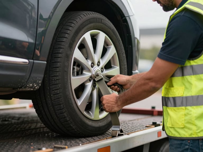 Close-up of a professional tow truck operator wearing a high-visibility yellow safety vest securing a car wheel with heavy-duty straps on a flatbed