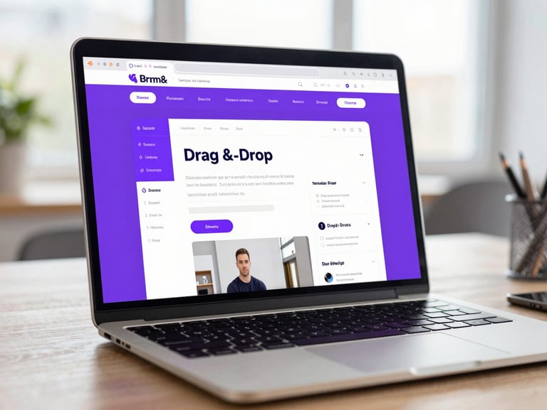 Clean laptop screen showing a modern drag-and-drop website builder interface, vibrant purple accents, bright natural daylight workspace
