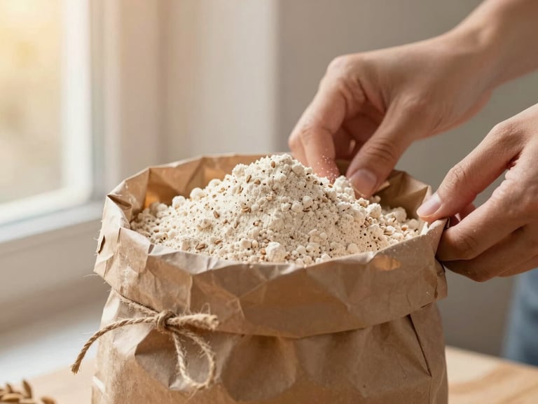 Hands carefully packaging freshly ground whole-wheat flour into a rustic brown paper bag tied with simple jute twine, warm golden-hour lighting.