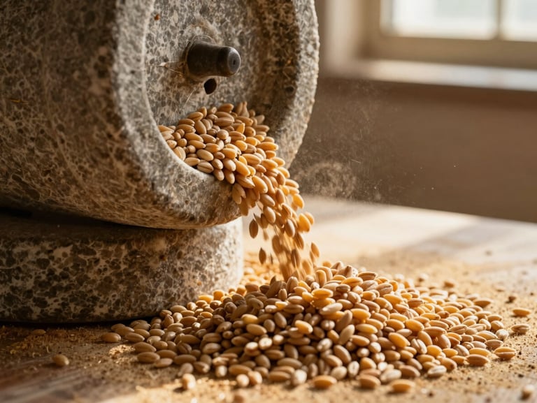 Warm editorial close-up of golden wheat grains flowing into a traditional stone chakki mill, soft window light illuminating the dust motes and raw textures.