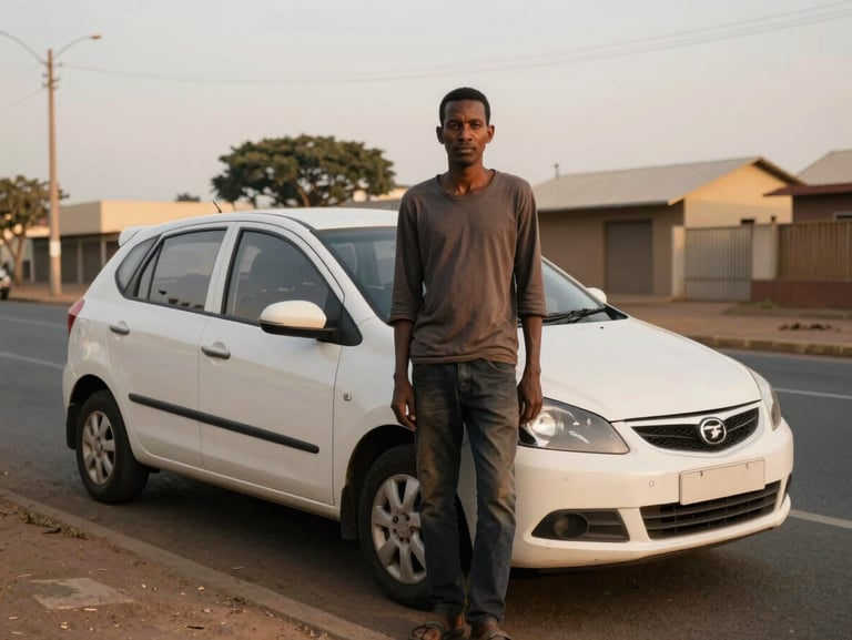 Documentary portrait of a South African driver standing proudly next to a clean, unbranded white compact hatchback, no license plate visible, warm golden-hour light on a Kempton Park street, realistic 35mm photography.