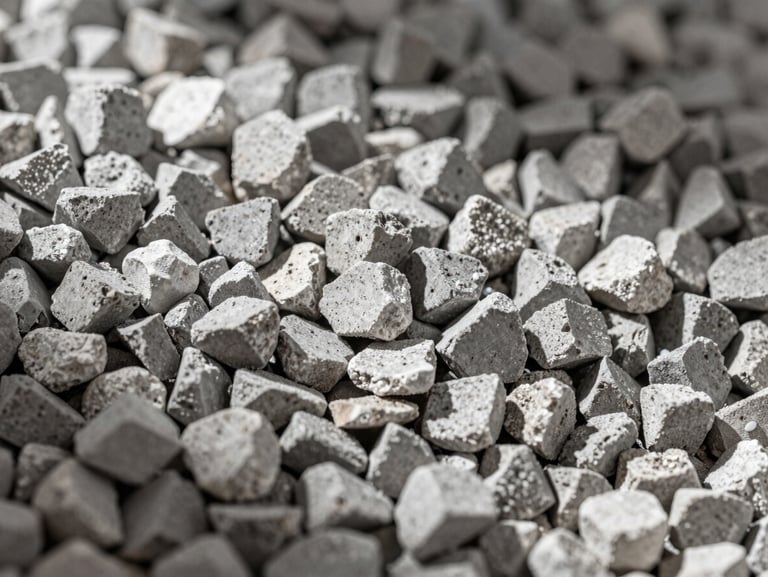 Macro high-contrast shot of clean recycled concrete aggregates and gravel of uniform size, technical lighting highlighting the raw texture, professional engineering inspection context.