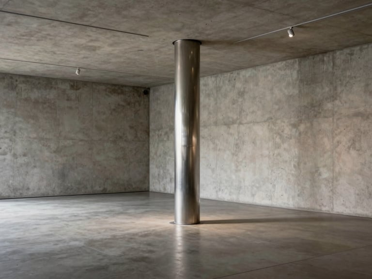 An empty gallery-like concrete space with soft diffused museum-grade lighting, a single brushed steel column off-center.