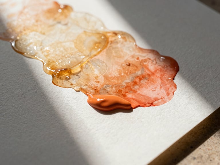 Extreme close-up of thick acrylic paint layers in amber and coral on textured watercolor paper, sharp shadows cast by warm natural sunlight, tactile art studio setting.