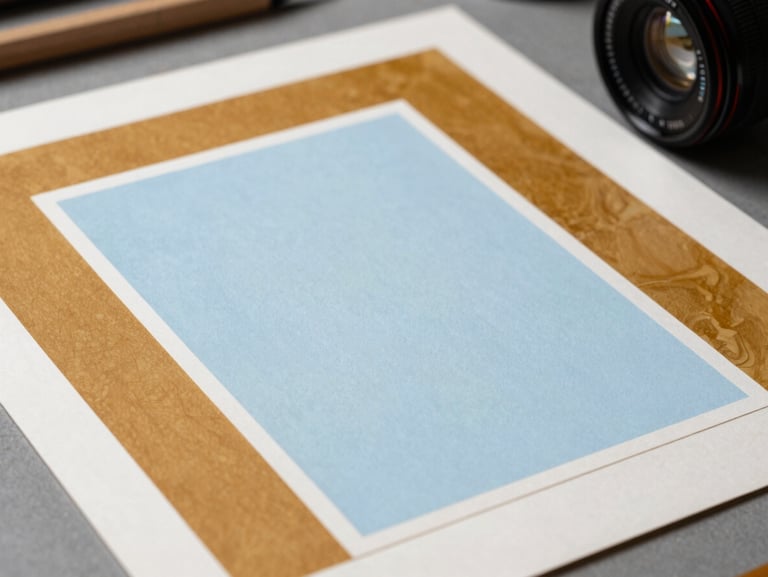 A layered collage of physical design artifacts, offset borders, and hand-painted color swatches in amber and pale sky blue resting on a studio worktable.