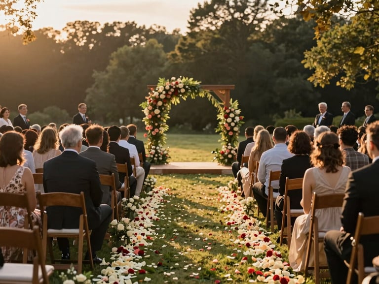 Panoramic golden-hour outdoor wedding ceremony setup, rows of wooden chairs flanking an aisle strewn with rose petals leading to a floral arch, warm dusk light raking across the scene, dense forest backdrop softly blurred, event at full capacity