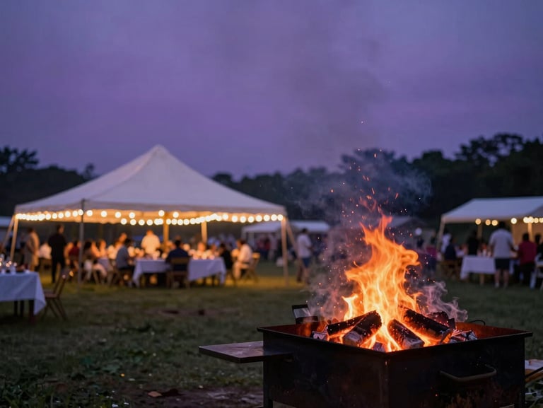 Wide environmental shot of an outdoor celebration at dusk, a wood-fired grill station glowing with orange embers in the foreground, decorated dining tent with string lights visible in the background, smoke rising against a deep violet sky, no people, cinematic and atmospheric