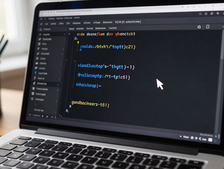 Close-up of a laptop screen showing JavaScript code in a dark editor, cursor blinking mid-function, a game loop variable highlighted in electric blue, natural desk light from the left