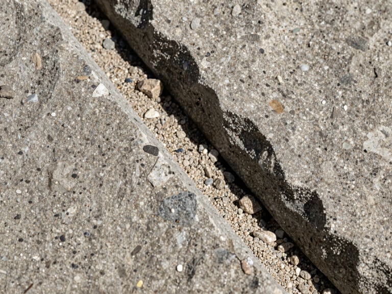 Macro close-up shot of sharp-textured split stone aggregates and coarse concrete sand, showing detailed mineral grains under bright direct sunlight, high contrast.