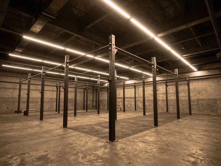 Wide shot of a raw industrial gym interior at night, heavy iron racks casting long shadows under amber tungsten strip lights, concrete floor, no people, framed from low angle to emphasize the ceiling height