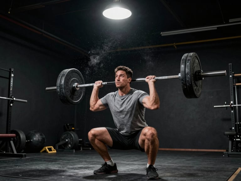 Fitness coach spotting a barbell lift in a dark high-ceiling training space, single overhead light catching chalk dust in the air, shot from floor level looking up, no faces visible